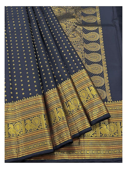 Deep Navy Handwoven Kanchipuram Silk Saree with Gold Buttas and Paisley Pallu front view