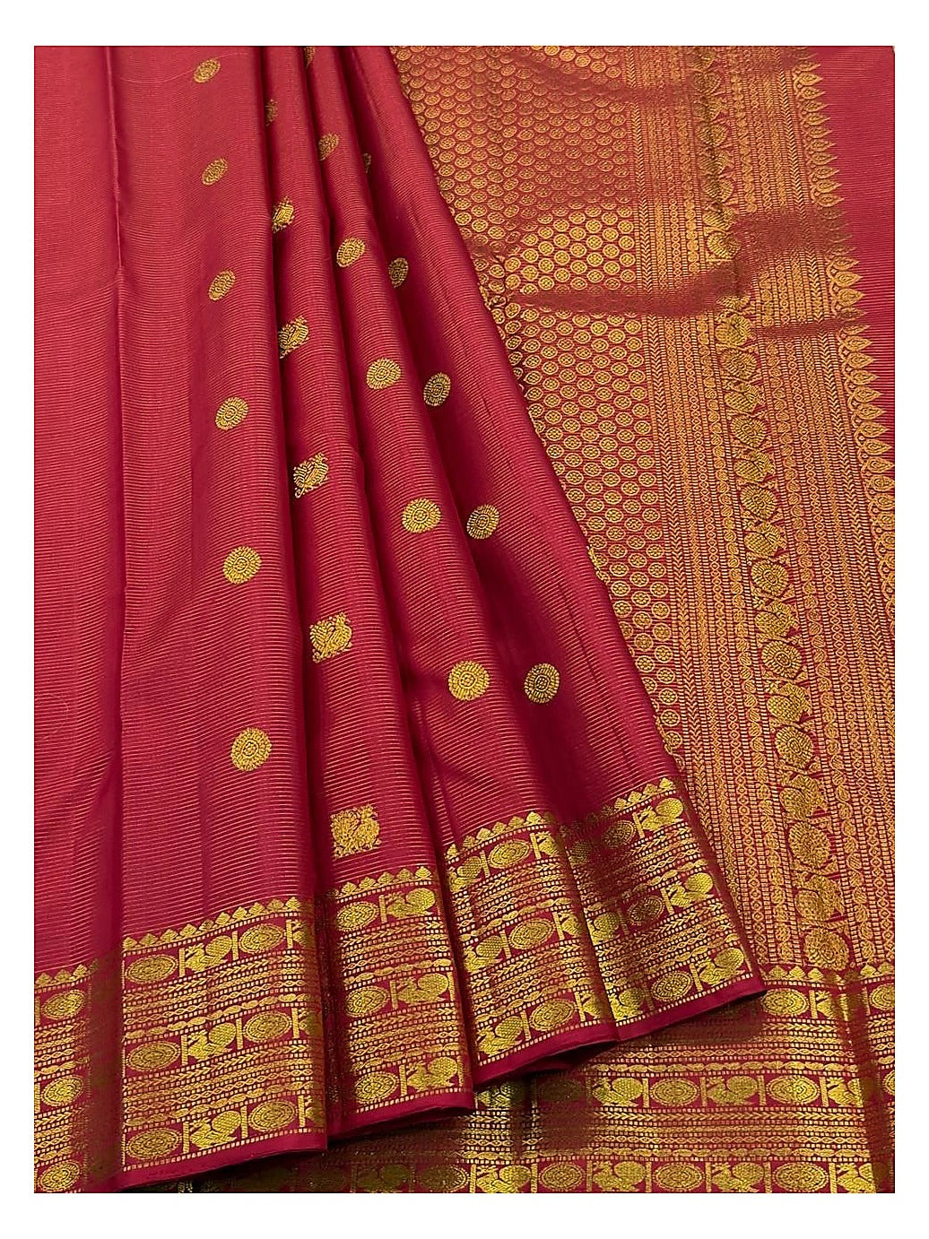 Deep Pink Red Handwoven Kanchipuram Silk Saree with Gold Butta Motifs and Rich Woven Pallu front view