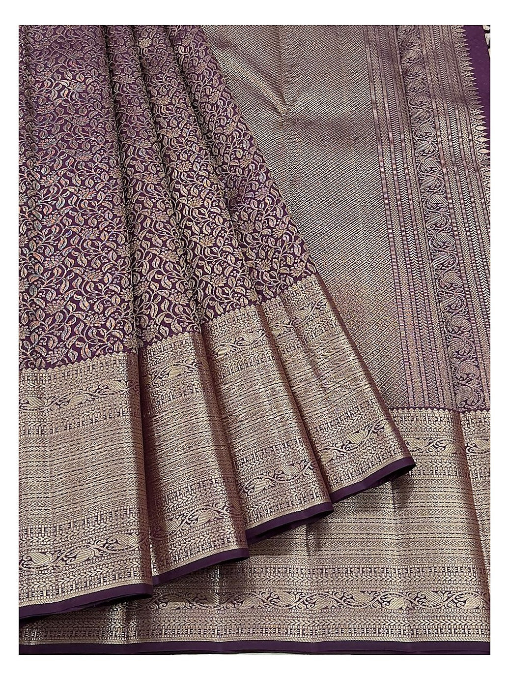 Deep Plum Purple Handwoven Kanchipuram Silk Saree with Gold Floral Vine Jacquard and Antique Zari Border front view