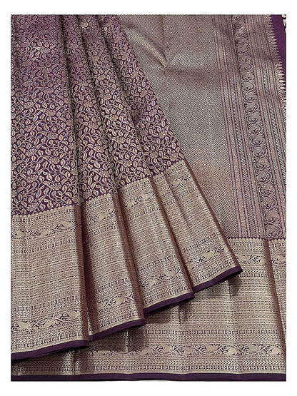 Deep Plum Purple Handwoven Kanchipuram Silk Saree with Gold Floral Vine Jacquard and Antique Zari Border front view