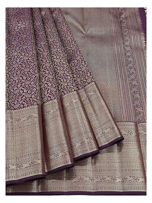 Deep Plum Purple Handwoven Kanchipuram Silk Saree with Gold Floral Vine Jacquard and Antique Zari Border front view