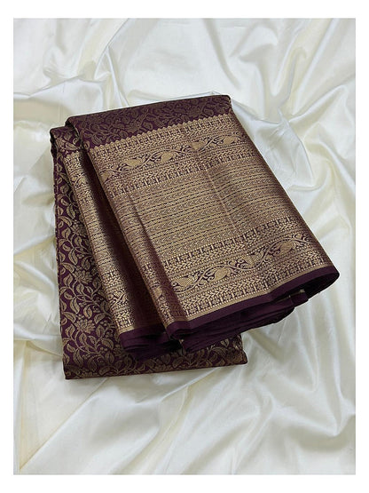Deep Plum Purple Handwoven Kanchipuram Silk Saree with Gold Floral Vine Jacquard and Antique Zari Border