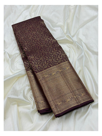 Deep Plum Purple Handwoven Kanchipuram Silk Saree with Gold Floral Vine Jacquard and Antique Zari Border