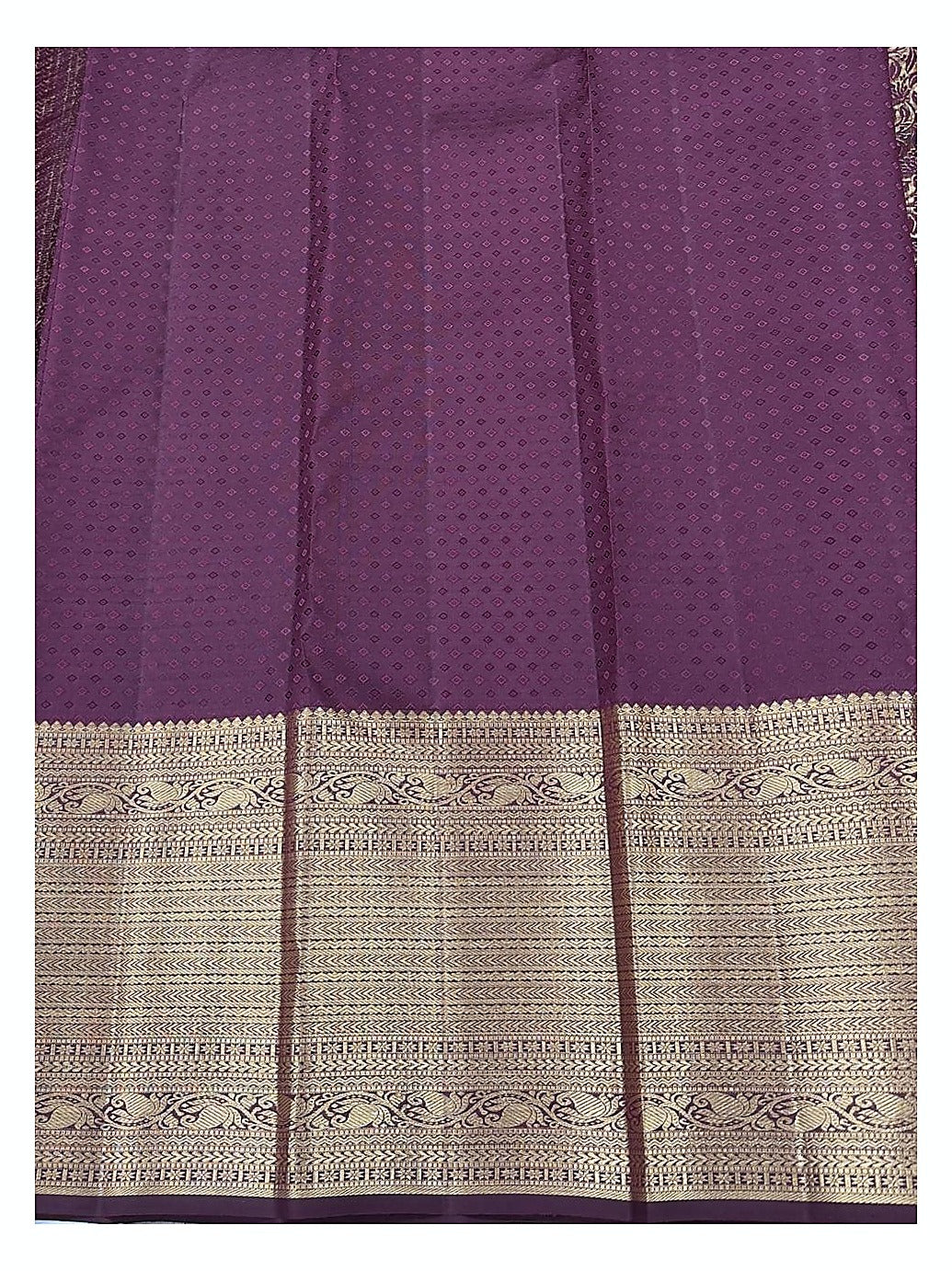 Deep Plum Purple Handwoven Kanchipuram Silk Saree with Gold Floral Vine Jacquard and Antique Zari Border