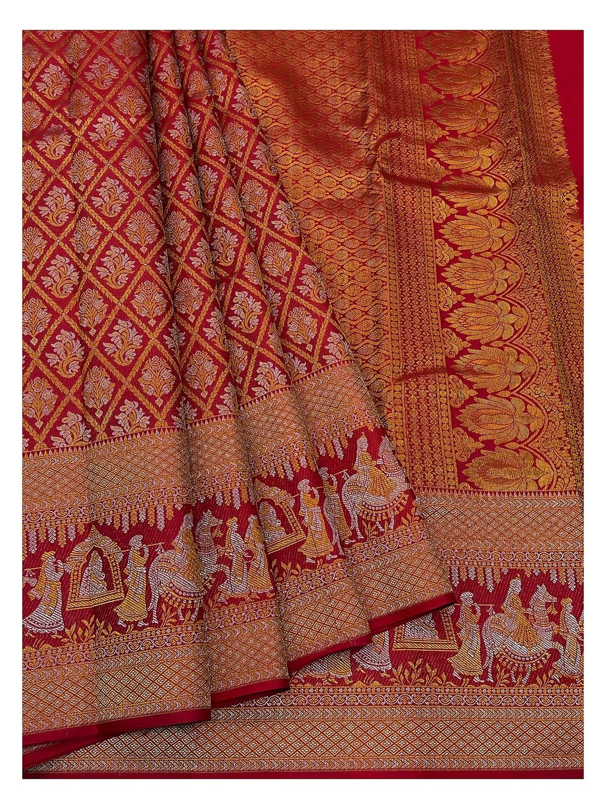 Deep Red Handwoven Kanchipuram Silk Saree with Figurative Pallu Border front view