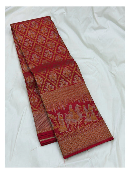 Deep Red Handwoven Kanchipuram Silk Saree with Figurative Pallu Border
