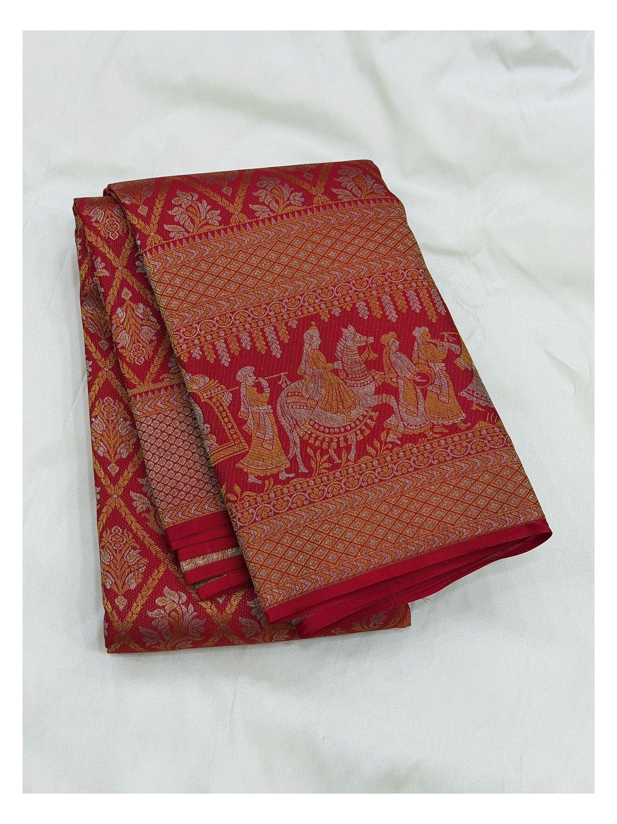 Deep Red Handwoven Kanchipuram Silk Saree with Figurative Pallu Border