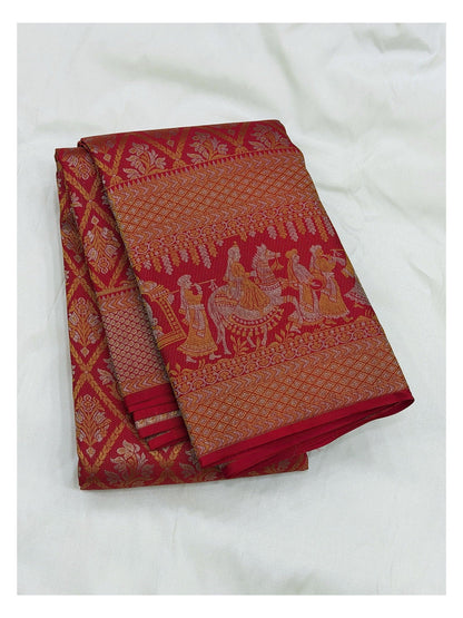 Deep Red Handwoven Kanchipuram Silk Saree with Figurative Pallu Border