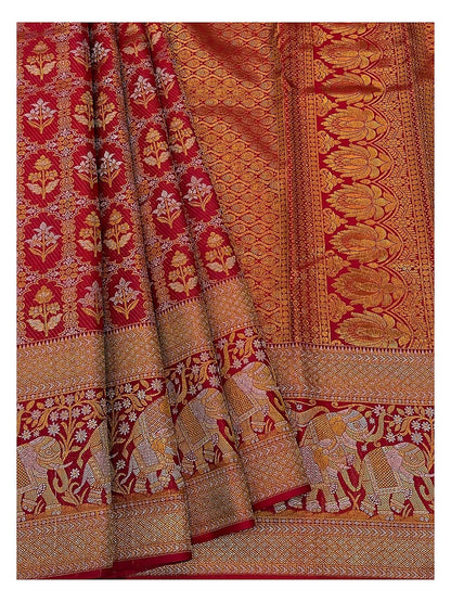 Deep Red Handwoven Kanchipuram Silk Saree with Floral Buttas, Elephant Border and Lotus Zari Pallu front view