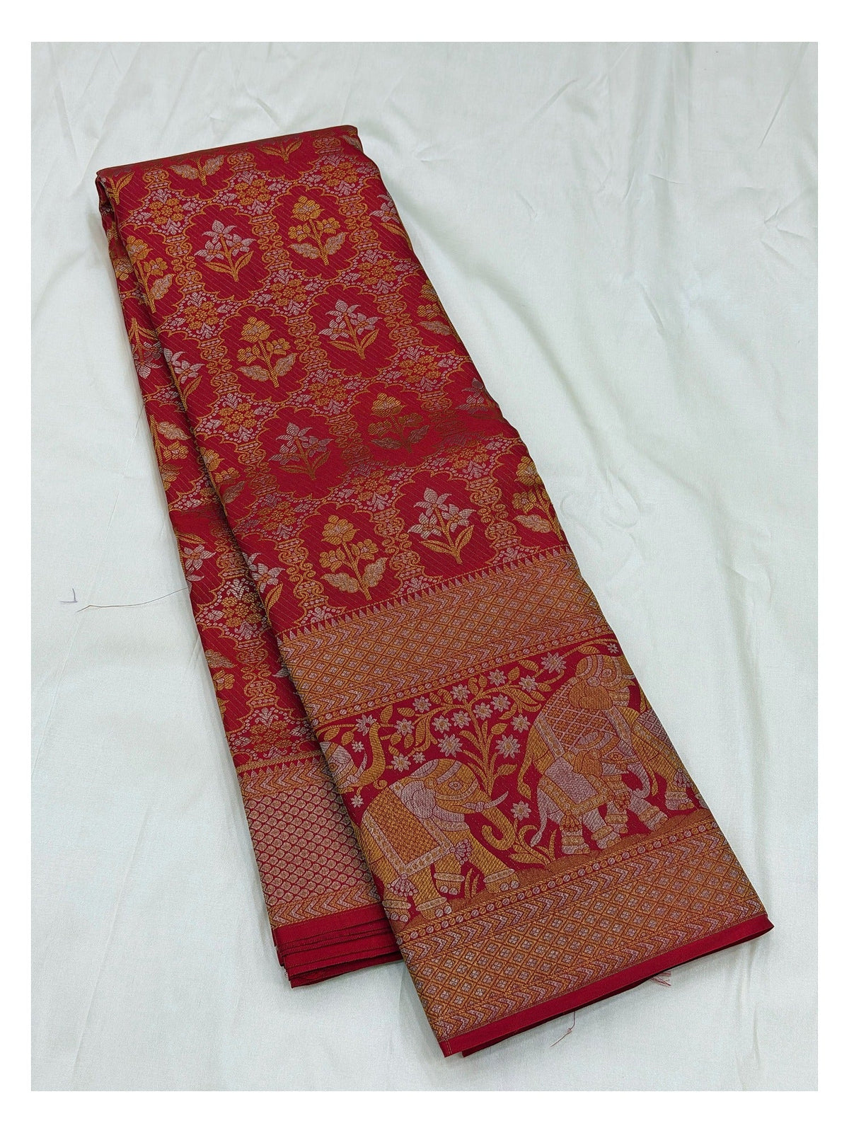 Deep Red Handwoven Kanchipuram Silk Saree with Floral Buttas, Elephant Border and Lotus Zari Pallu