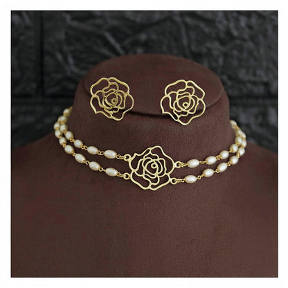 Double Layer Pearl Choker Set - Gold Tone Floral Design with Matching Earrings front view