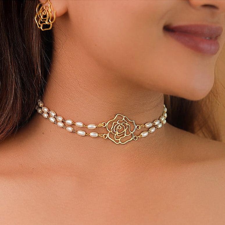 Double Layer Pearl Choker Set - Gold Tone Floral Design with Matching Earrings