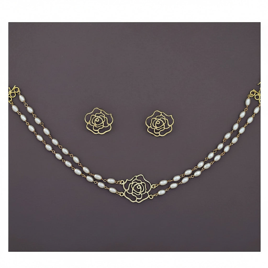 Double Layer Pearl Choker Set - Gold Tone Floral Design with Matching Earrings