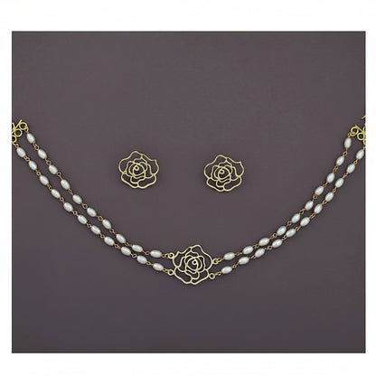 Double Layer Pearl Choker Set - Gold Tone Floral Design with Matching Earrings