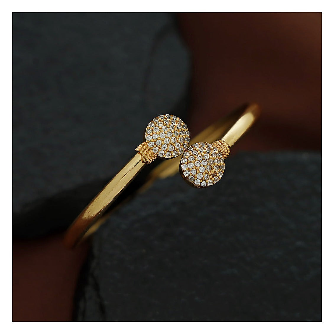 Dual Circle Stone Bangle - Gold Finish with Clear Stones