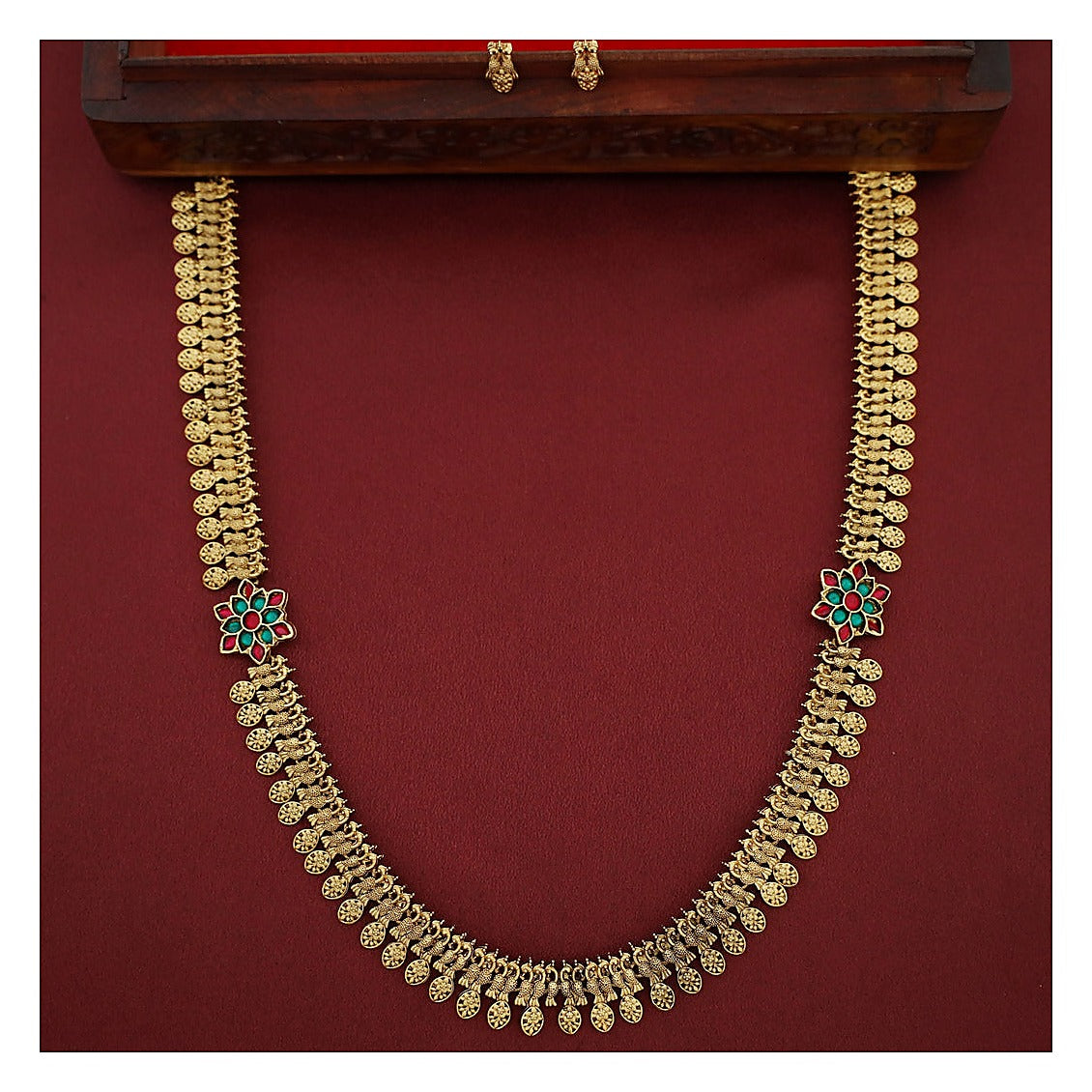 Dual Flower Mayura Long Haram Set with Studs - Antique Gold-Toned