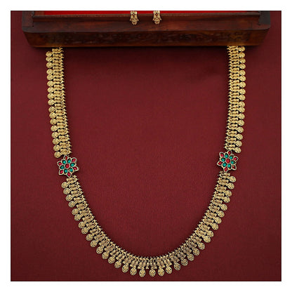 Dual Flower Mayura Long Haram Set with Studs - Antique Gold-Toned