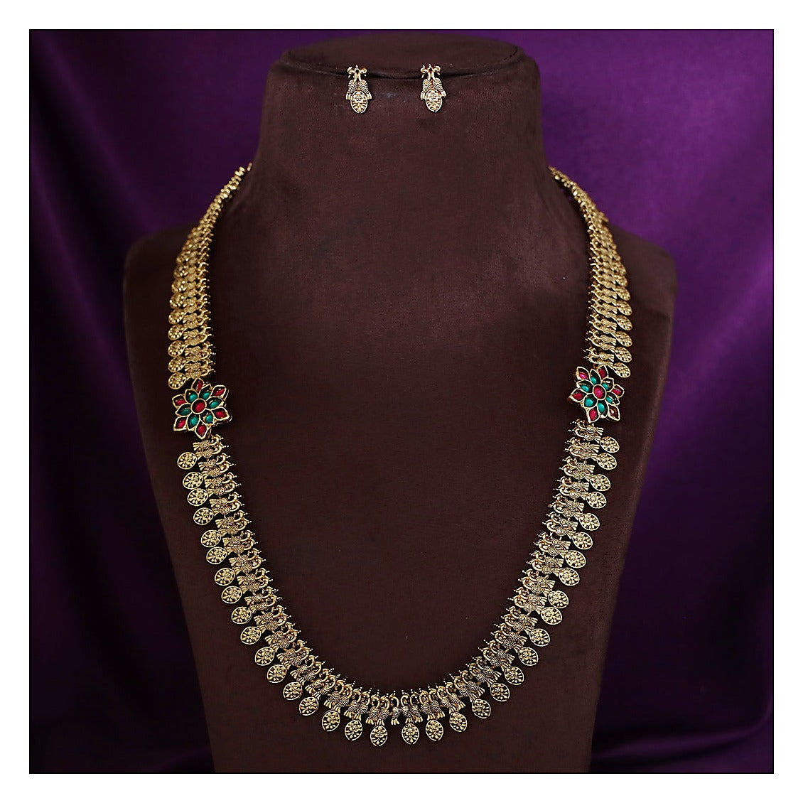 Dual Flower Mayura Long Haram Set with Studs - Antique Gold-Toned