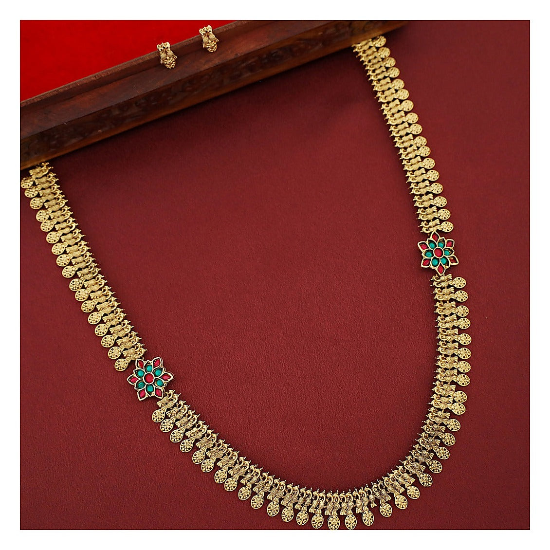 Dual Flower Mayura Long Haram Set with Studs - Antique Gold-Toned