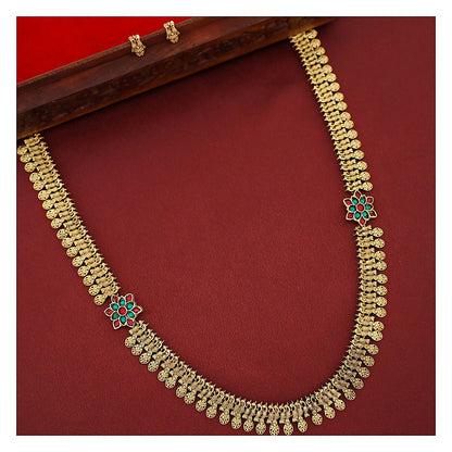 Dual Flower Mayura Long Haram Set with Studs - Antique Gold-Toned