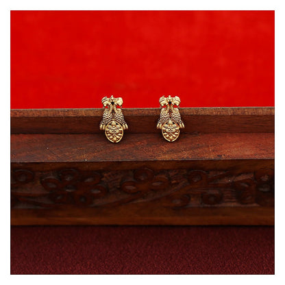 Dual Flower Mayura Long Haram Set with Studs - Antique Gold-Toned