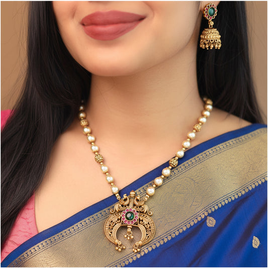 Dual Mayura Floral Neckpiece Set with Earrings - Antique Gold-Toned front view