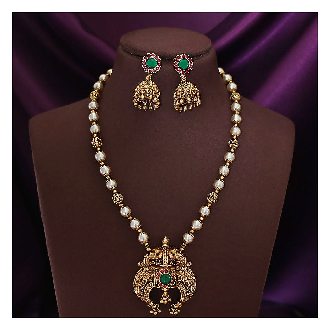 Dual Mayura Floral Neckpiece Set with Earrings - Antique Gold-Toned