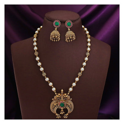Dual Mayura Floral Neckpiece Set with Earrings - Antique Gold-Toned