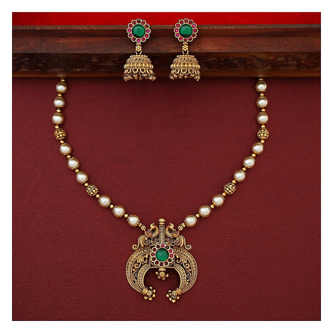 Dual Mayura Floral Neckpiece Set with Earrings - Antique Gold-Toned