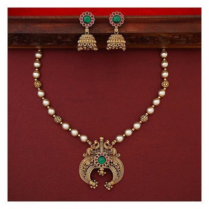 Dual Mayura Floral Neckpiece Set with Earrings - Antique Gold-Toned