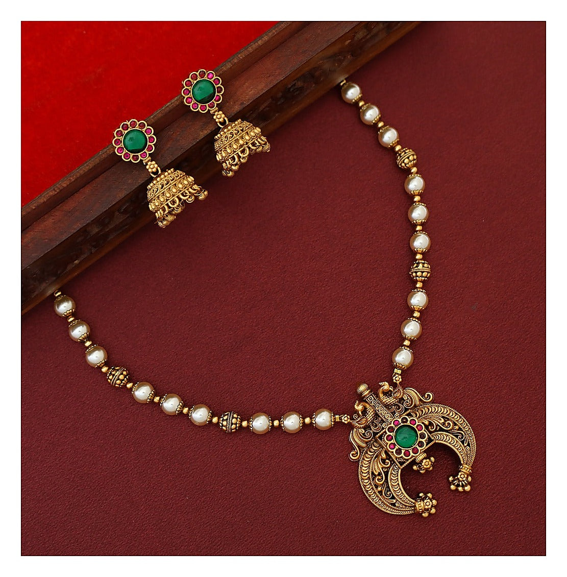 Dual Mayura Floral Neckpiece Set with Earrings - Antique Gold-Toned