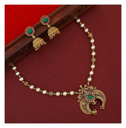 Dual Mayura Floral Neckpiece Set with Earrings - Antique Gold-Toned