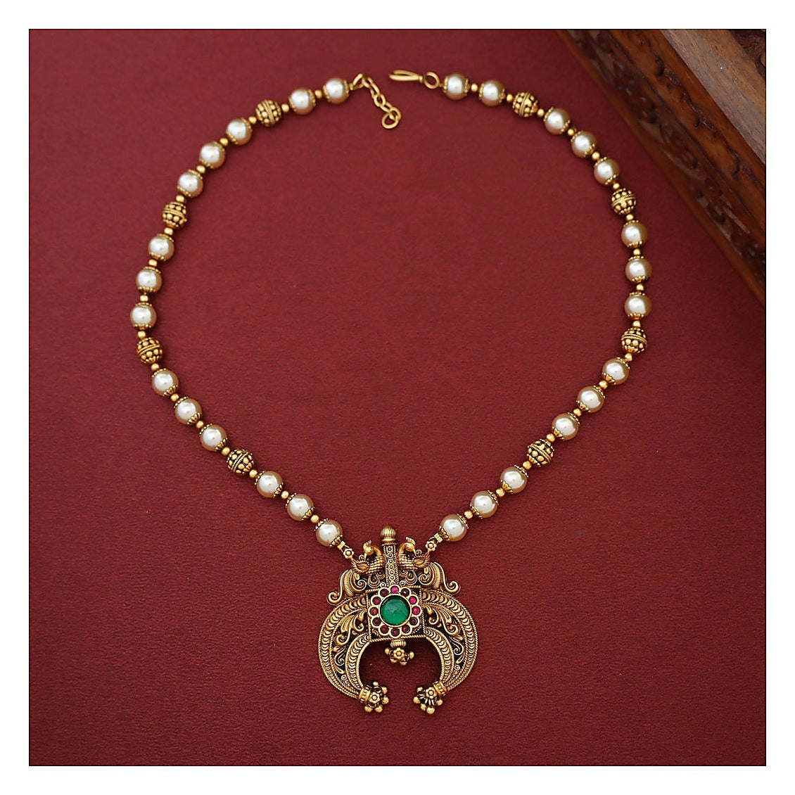 Dual Mayura Floral Neckpiece Set with Earrings - Antique Gold-Toned
