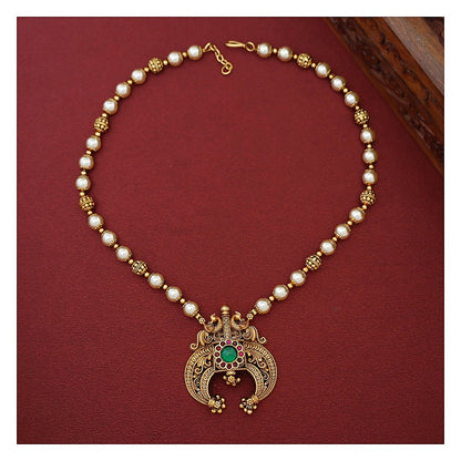 Dual Mayura Floral Neckpiece Set with Earrings - Antique Gold-Toned