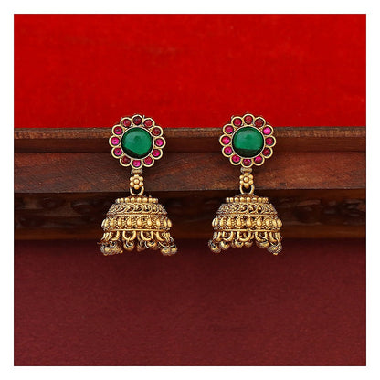 Dual Mayura Floral Neckpiece Set with Earrings - Antique Gold-Toned