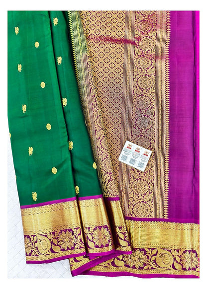 Emerald Green Pure Kanchipuram Soft Silk Saree with Magenta Contrast Pallu and Broad Floral Paisley Zari Border