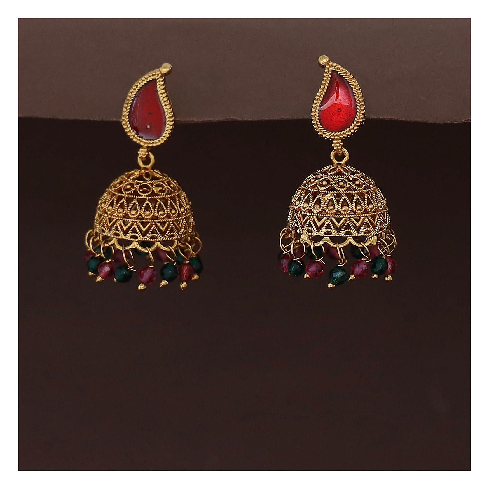Enamel Beaded Jhumka Earrings - Tourmaline and Green Bead Detail front view