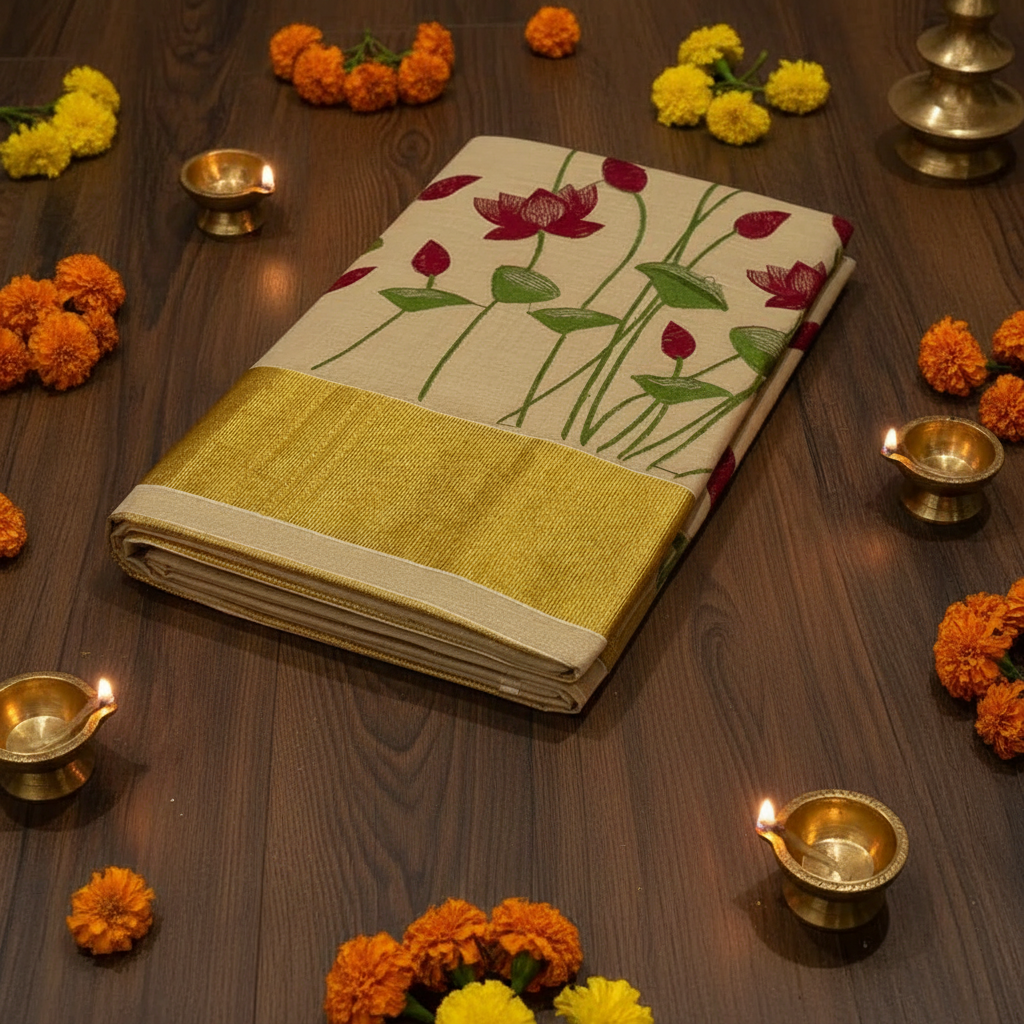 Premium Tissue Saree in Gold with Maroon Floral Motifs