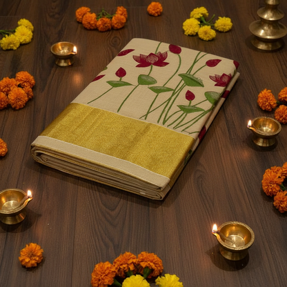Premium Tissue Saree in Gold with Maroon Floral Motifs