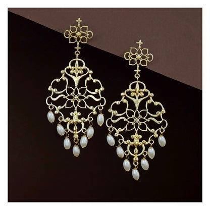 Filigree Pearl Drop Earrings - Gold Tone Openwork Design front view