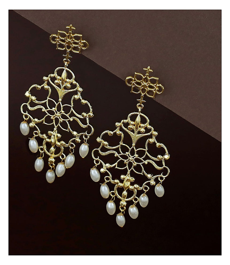 Filigree Pearl Drop Earrings - Gold Tone Openwork Design