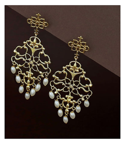 Filigree Pearl Drop Earrings - Gold Tone Openwork Design