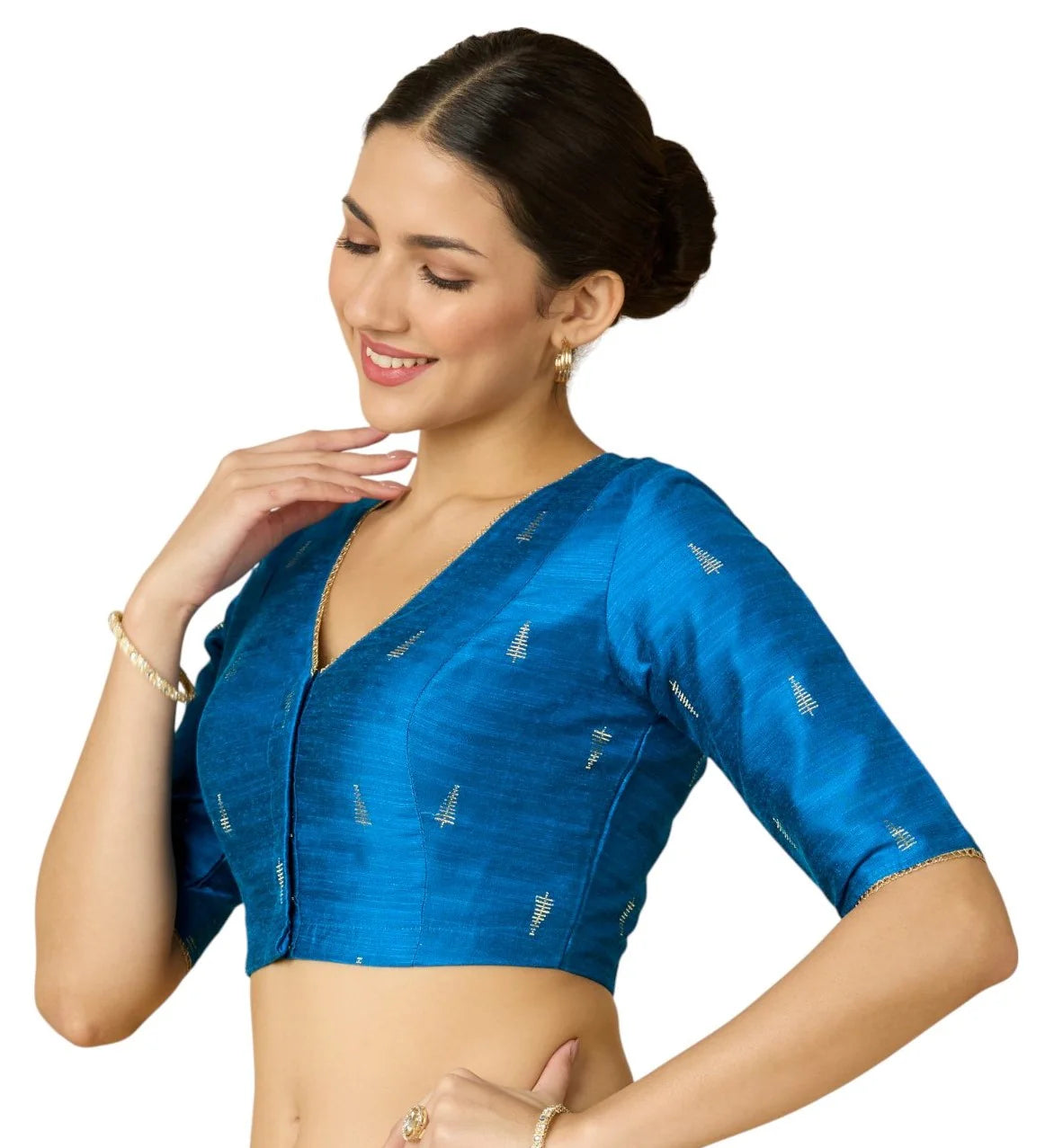 Women’s Firozi Cotton Silk Readymade Saree Blouse | Elbow Sleeve | V-Neck