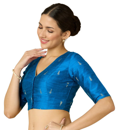 Women’s Firozi Cotton Silk Readymade Saree Blouse | Elbow Sleeve | V-Neck