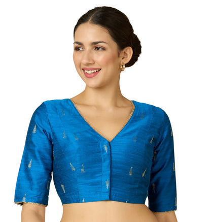Women’s Firozi Cotton Silk Readymade Saree Blouse | Elbow Sleeve | V-Neck