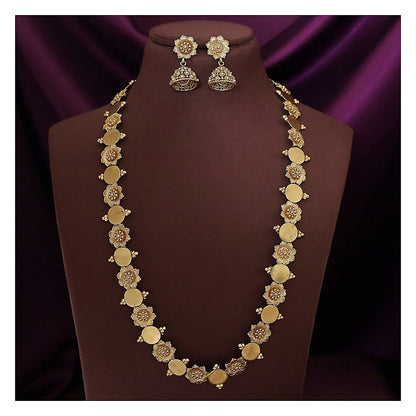 Floral Coin Long Necklace Set - Gold Finish with Jhumka Earrings front view
