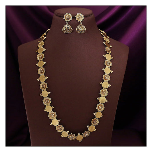 Floral Coin Long Necklace Set - Gold Finish with Jhumka Earrings front view
