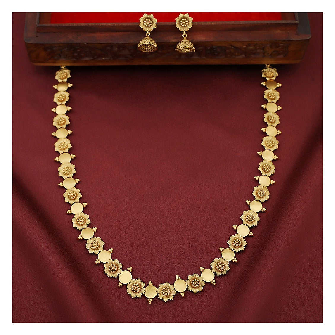 Floral Coin Long Necklace Set - Gold Finish with Jhumka Earrings
