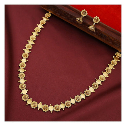 Floral Coin Long Necklace Set - Gold Finish with Jhumka Earrings
