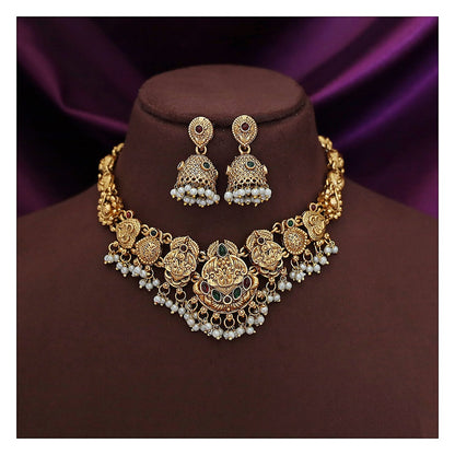 Floral Leaf Pearl Short Neckpiece Set with Earrings - Antique Gold-Toned